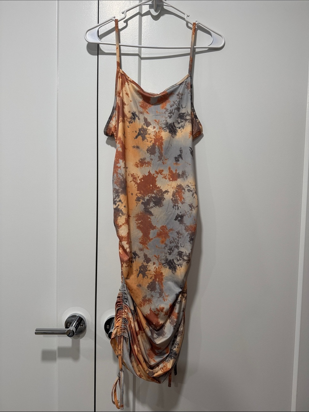 SHEIN Rust and Gray Tie-Dye Ruched Slip Midi Dress